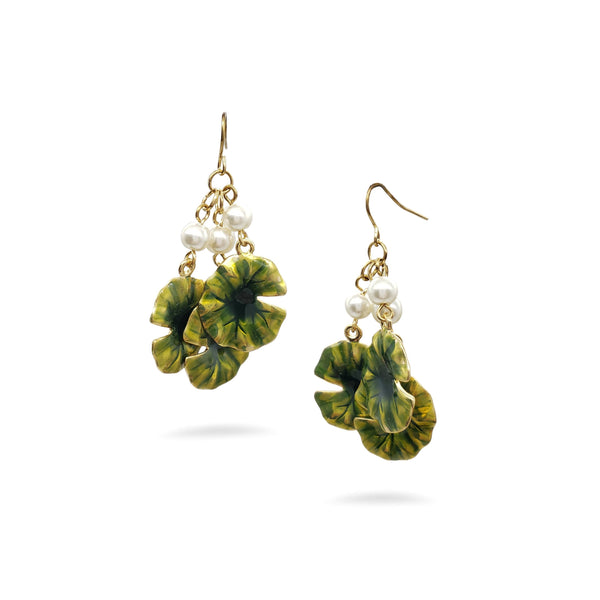 Monet Lily Pad with Faux Pearl Earring - Triple Drop