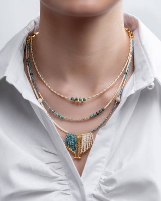 Handwoven Miyuki and Gem Fringe Layering Necklace (Olive)