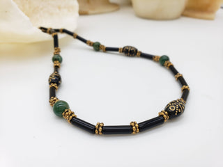 Klimt Inspired Gold Flecked Necklace with Jade and Onyx