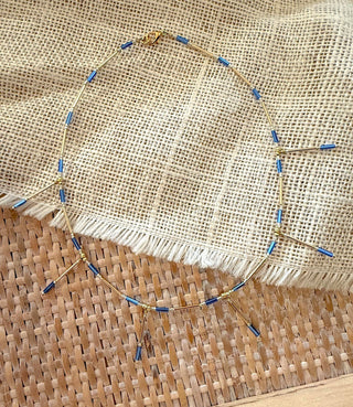 Dainty Beaded Blue & Gold Necklace