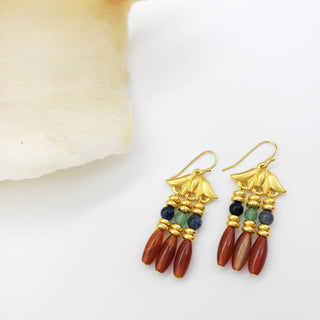 Lotus Triple Drop Gemstone Earrings - Egyptian Inspired