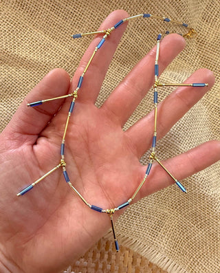 Dainty Beaded Blue & Gold Necklace