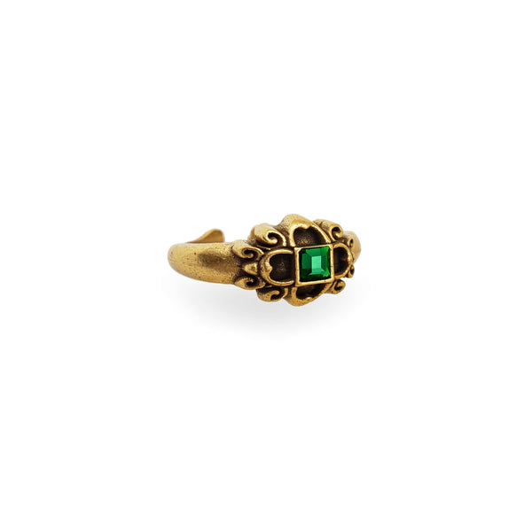 Tudor Eworth Ornate Ring with Emerald Adjustable Gold Finish