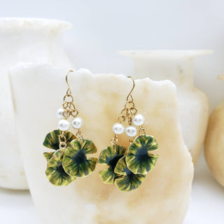 Monet Lily Pad with Faux Pearl Earring - Triple Drop