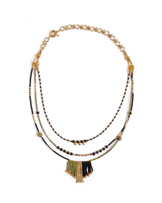 Handwoven Miyuki and Gem Fringe Layering Necklace (Olive)