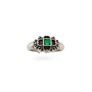 Tudor Eworth Ornate Ring with Emerald - Silver Finish