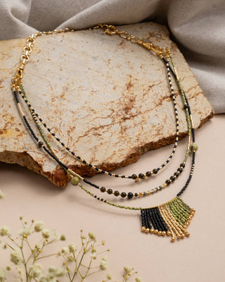 Handwoven Miyuki and Gem Fringe Layering Necklace (Olive)