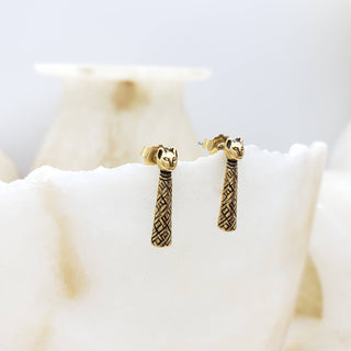 Egyptian Mummy Cat Post Earrings - Antique Gold Finish