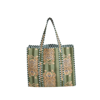Green Tiger Print Quilted Cotton Tote Bag