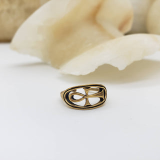 Egyptian Ankh Circle Ring - Antique Gold Finish, Adjustable