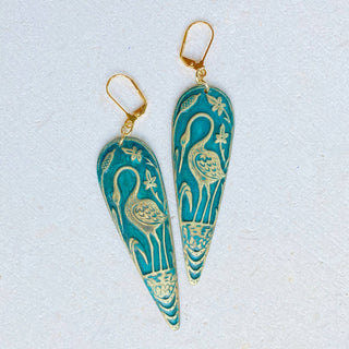 Teal Crane Earrings