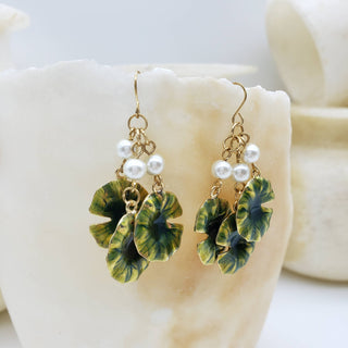 Monet Lily Pad with Faux Pearl Earring - Triple Drop