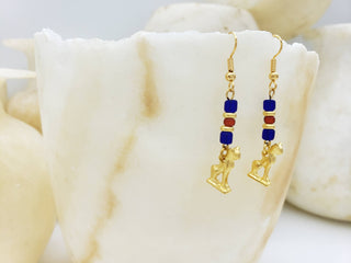 Egyptian Cat with Ancient Beads Earrings - Bastet Goddess