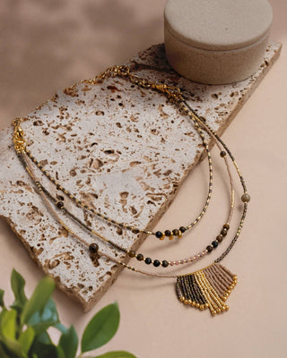 Handwoven Miyuki and Gem Fringe Layering Necklace (Blush)
