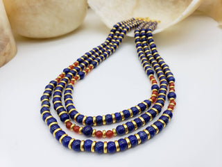 Nefertari Triple Strand Necklace with Lapis and Carnelian