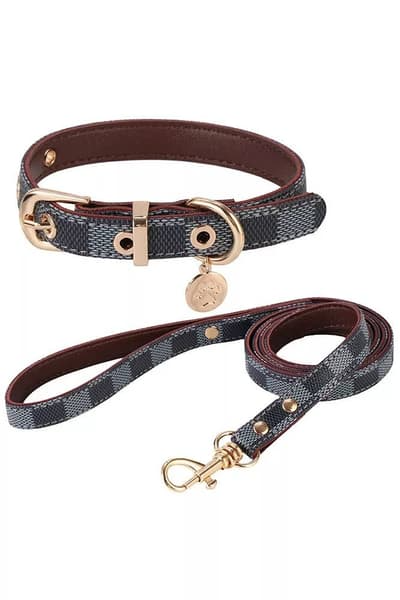 Check Decor Dog Collar & Leash Set, Black