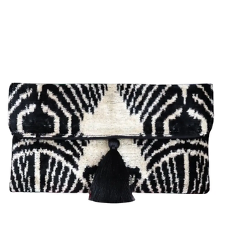 Silk Velvet Ikat Clutch, Black & White w/ Black Pom
