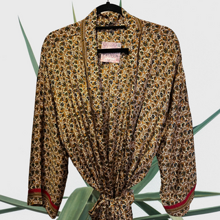 Recycled Silk Robe, Gold, Green & Tan