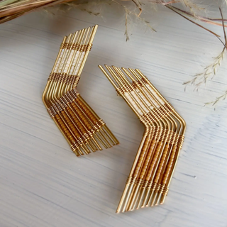 Handwoven Wire and Bead Boomerang Earrings, Cream & Mustard