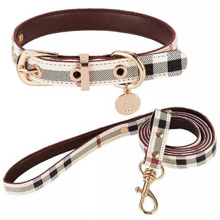 Plaid Dog Collar & Leash Set, Cream